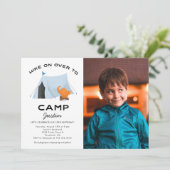 Camping Birthday Party Blue Tent Photo Kaart (Staand voorkant)