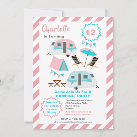 Camping Birthday Party Cute Retro Style  Kaart (Voorkant)
