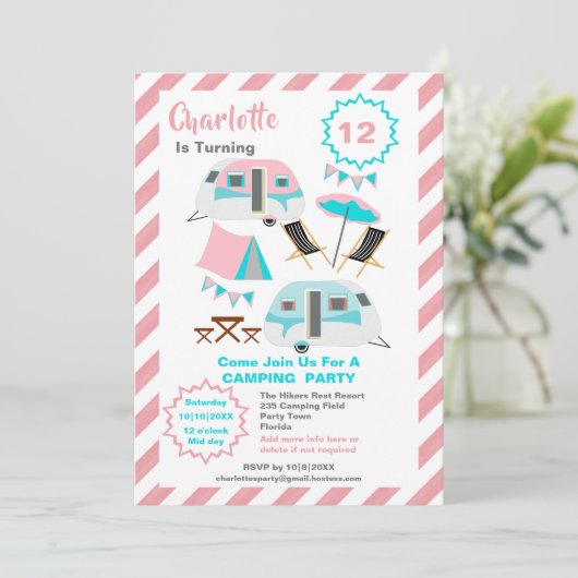 Camping Birthday Party Cute Retro Style  Kaart (Staand voorkant)