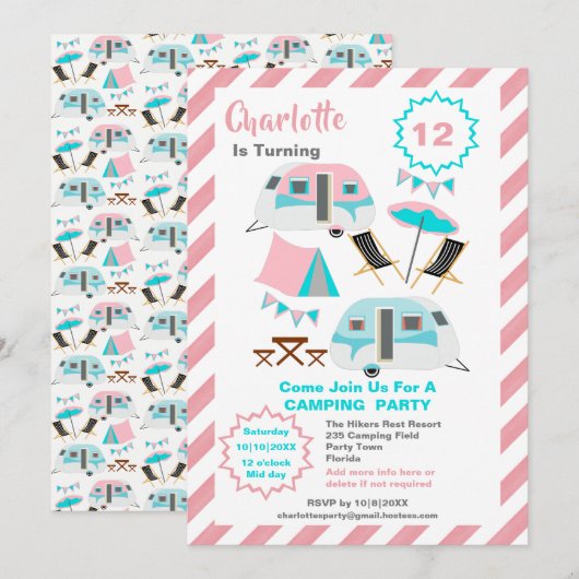 Camping Birthday Party Cute Retro Style  Kaart (Voorkant / Achterkant)