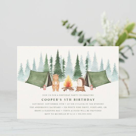 Camping Birthday Party ( Cute Woodland Animals ) Kaart (Staand voorkant)