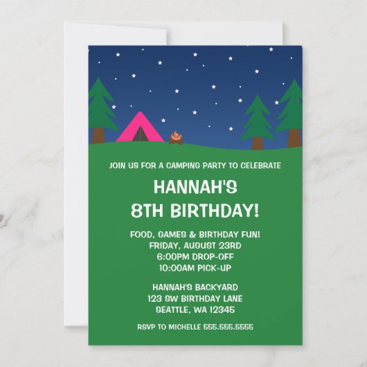 Camping Birthday Party Girls Invitations Kaart (Voorkant)