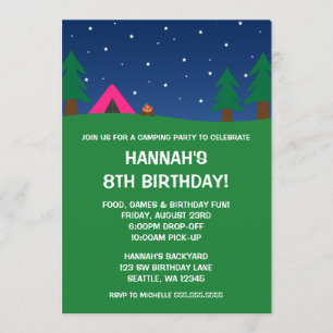 Camping Birthday Party Girls Invitations Kaart