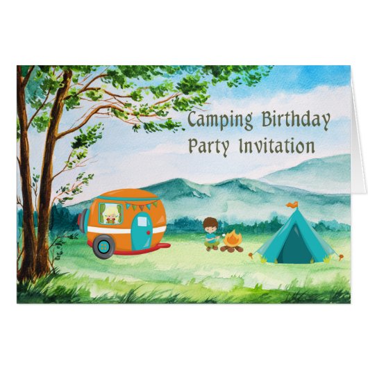 Camping Birthday Party Invitation Card for Child (Voorkant Horizontaal)