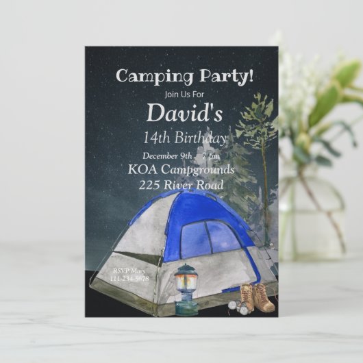 Camping Birthday Party Invitation, Editable Camp Kaart (Staand voorkant)