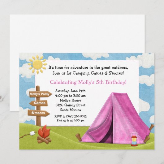 Camping Birthday Party Invitation for Girl Kaart (Voorkant / Achterkant)