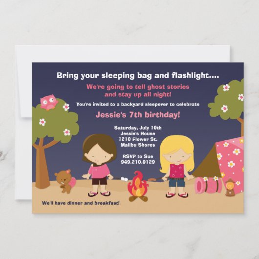 Camping Birthday Party Invitation for Girls Kaart (Voorkant)