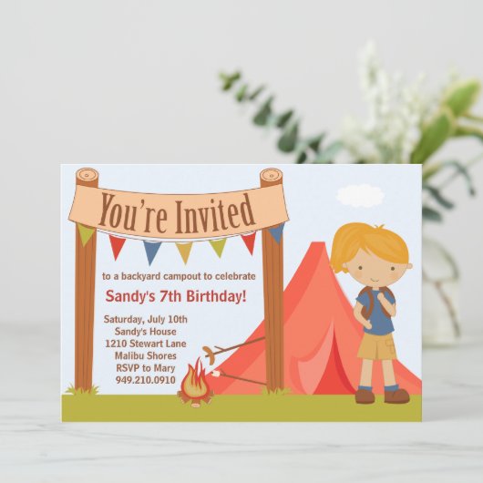 Camping Birthday Party Invitation Kaart (Staand voorkant)