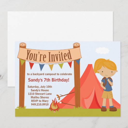 Camping Birthday Party Invitation Kaart (Voorkant / Achterkant)