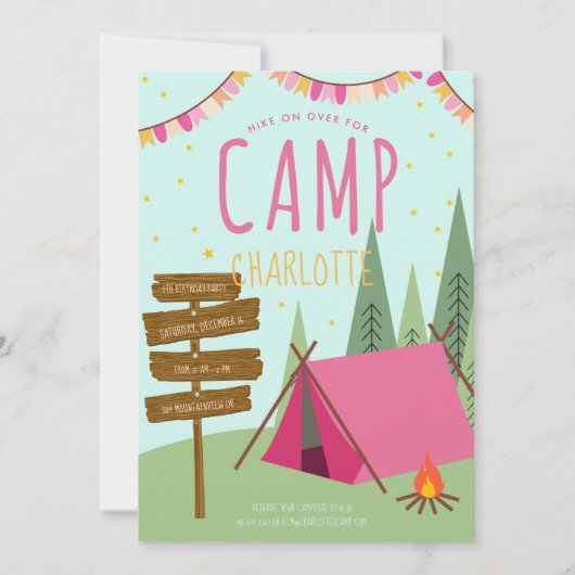 Camping Birthday Party Invitation roze Green Kaart (Voorkant)
