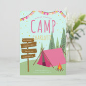 Camping Birthday Party Invitation roze Green Kaart (Staand voorkant)