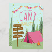 Camping Birthday Party Invitation roze Green Kaart (Voorkant / Achterkant)