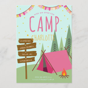 Camping Birthday Party Invitation roze Green Kaart