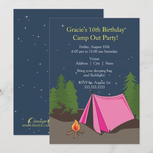 Camping Birthday Party | Meisje Kaart (Voorkant / Achterkant)