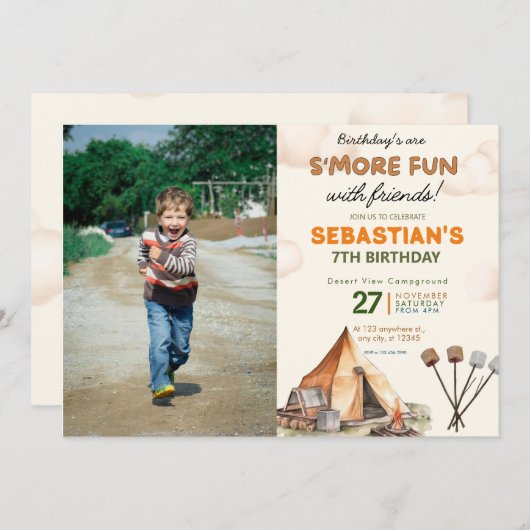 Camping Birthday Party modern kids Photo Kaart (Voorkant / Achterkant)