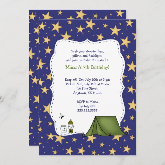 Camping Birthday Party nodigt uit Kaart (Voorkant / Achterkant)