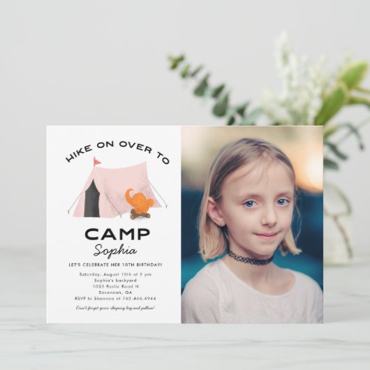 Camping Birthday Party Pink Tent Photo Kaart (Staand voorkant)