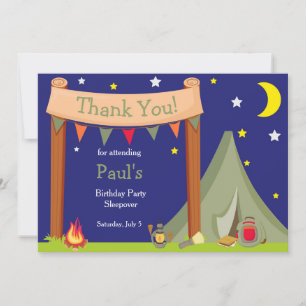 Camping Birthday Party Sleepover Khaki Green Bedankkaart