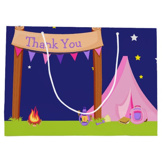 Camping Birthday Party Sleepover Pink en Paars Groot Cadeauzakje (Achterkant)