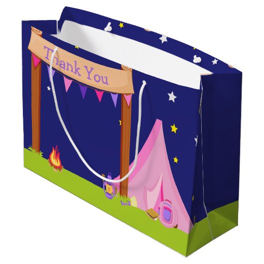 Camping Birthday Party Sleepover Pink en Paars Groot Cadeauzakje (Achterkant Gekanteld)