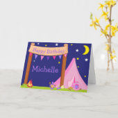 Camping Birthday Party Sleepover Pink en Paars Kaart (Gele Bloem)