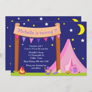 Camping Birthday Party Sleepover Pink en Paars Kaart