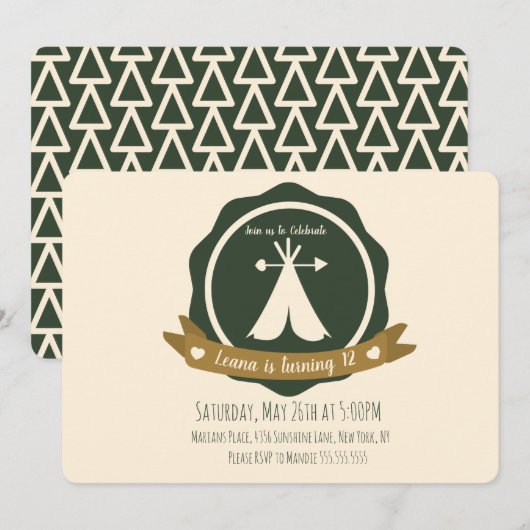 Camping Birthday Party Teepee Badge Kaart (Voorkant / Achterkant)