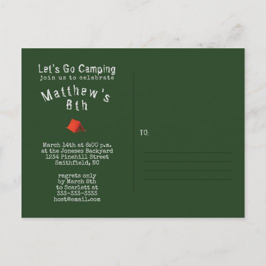 Camping Birthday Party Uitnodiging Briefkaart (Achterkant)