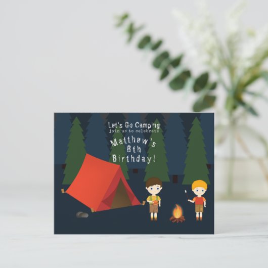 Camping Birthday Party Uitnodiging Briefkaart (Staand voorkant)