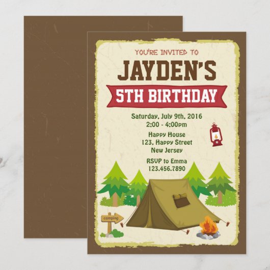 Camping Birthday Uitnodiging (Voorkant / Achterkant)