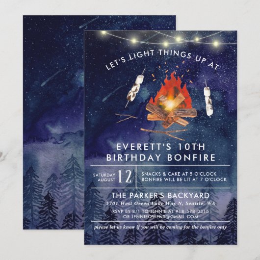 Camping Bonfire Birthday Party Invitation Kaart (Voorkant / Achterkant)