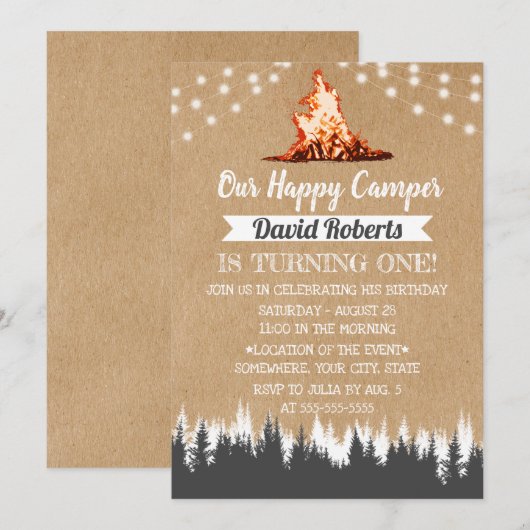 Camping Bonfire Happy Camper Rustic Kraft Birthday Kaart (Voorkant / Achterkant)
