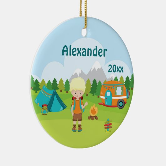 Camping Boy Fire Camper Tent Backpack Blonde Keramisch Ornament (Rechts)