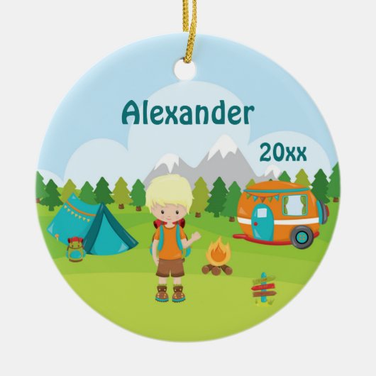 Camping Boy Fire Camper Tent Backpack Blonde Keramisch Ornament (Voorkant)