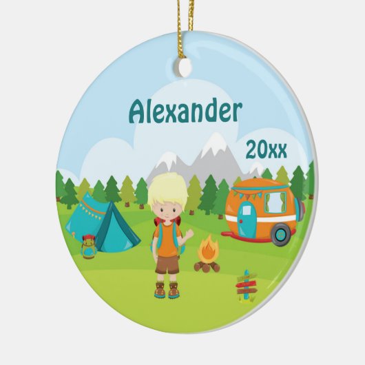 Camping Boy Fire Camper Tent Backpack Blonde Keramisch Ornament (Links)