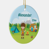 Camping Boy Fire Camper Tent Backpack Brown Keramisch Ornament (Rechts)