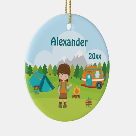 Camping Boy Fire Camper Tent Backpack Brown Keramisch Ornament (Rechts)