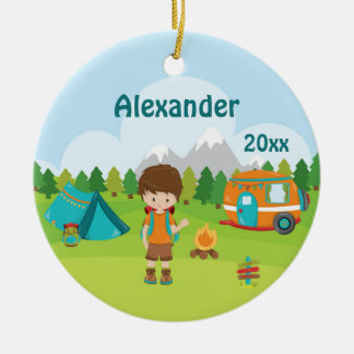 Camping Boy Fire Camper Tent Backpack Brown Keramisch Ornament