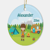 Camping Boy Fire Camper Tent Backpack Brown Keramisch Ornament (Links)