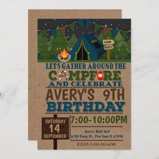 Camping Cam Birthday Party Invitation Camp out Kaart (Voorkant / Achterkant)