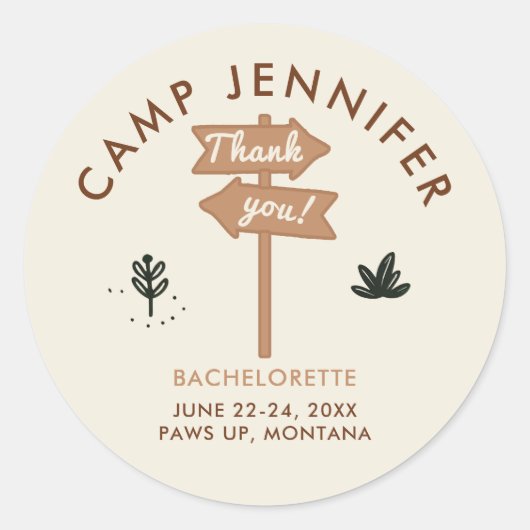 Camping Camp Earthy Bachelorette Party Dank u Ronde Sticker (Voorkant)