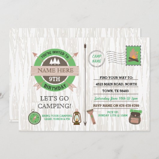 CAMPING Camp Out BIRTHDAY PARTIJ jongens nodigen m Kaart (Voorkant / Achterkant)