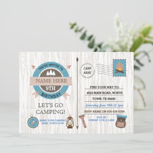 CAMPING Camp Out BIRTHDAY PARTIJ jongens nodigen m Kaart (Staand voorkant)