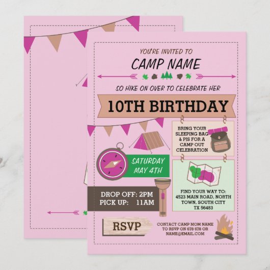 CAMPING Camp Out BUG BIRTHDAY PARTY GIRLS Kaart (Voorkant / Achterkant)