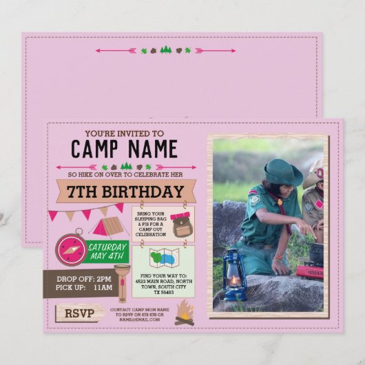 CAMPING Camp Out Foto VERJAARDAGSFEESTJE Meisjes R Kaart (Voorkant / Achterkant)