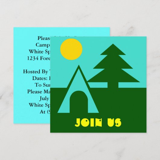 Camping Camp Tent Pine Sun Turq Party-uitnodiginge Kaart (Voorkant / Achterkant)