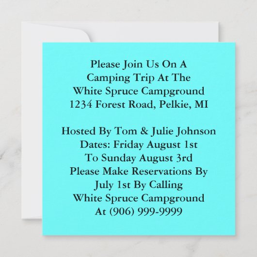 Camping Camp Tent Pine Sun Turq Party-uitnodiginge Kaart (Achterkant)
