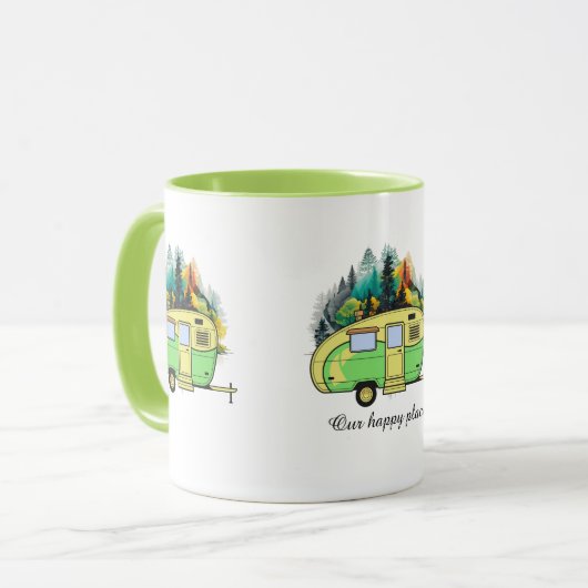 Camping, caravan, bos, gelukkige plaats mok (Voorkant links)