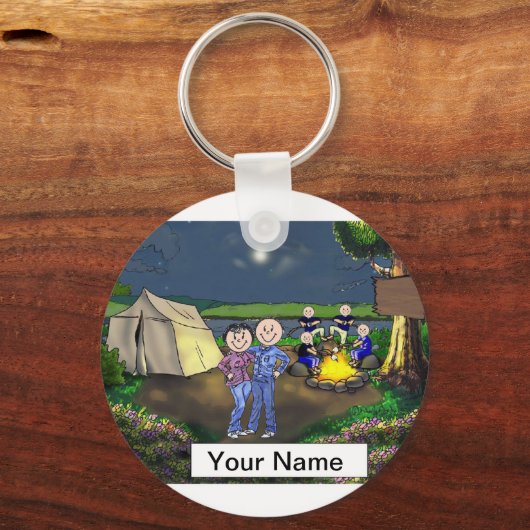Camping Couple, vier kinderen Cartoon Sleutelhanger (Voorkant)