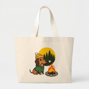 Camping Dachshund Marshmallow Roosteren Grote Tote Bag